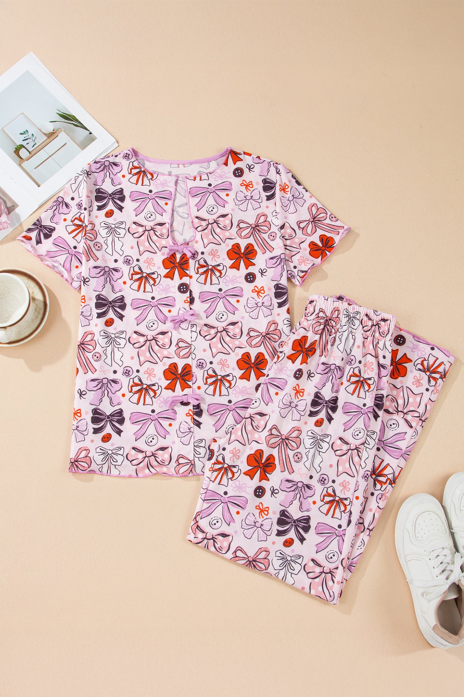 Bows Buttons Printed Contrast Trim Short Sleeve Shirt Pyjama Set
