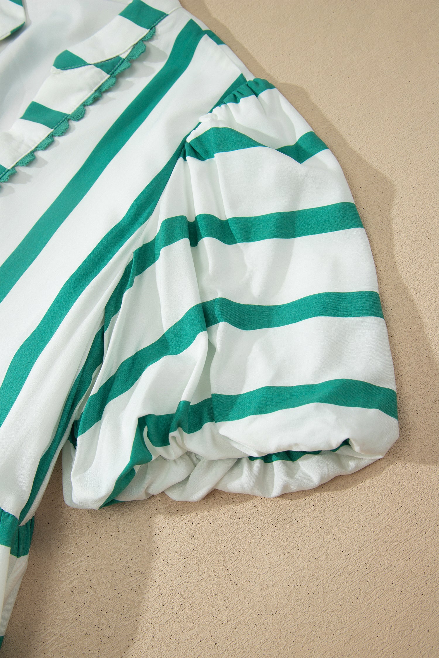 Green Stripe Ricrac Trim Notched Neck Vacation Midi Dress