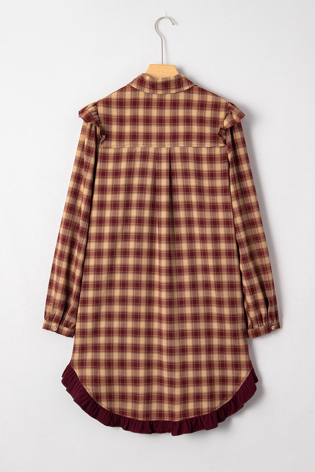 Plaid Print Ruffled Long Sleeve Hem Mini Shirt Dress - eAura