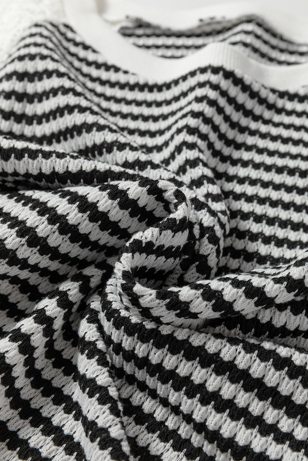 Black Stripe Textured Knit Contrast Lace Long Sleeve Top - eAura