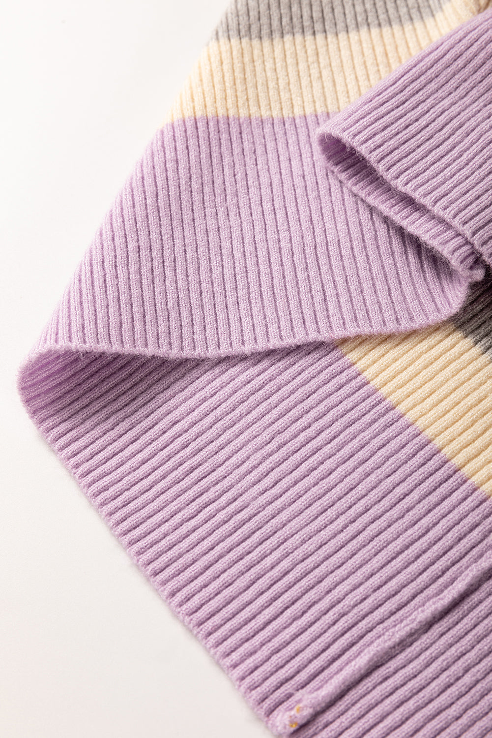 Purple Stripe Borderline Rib Knit Cuffed Dolman Sleeve Sweater eAura