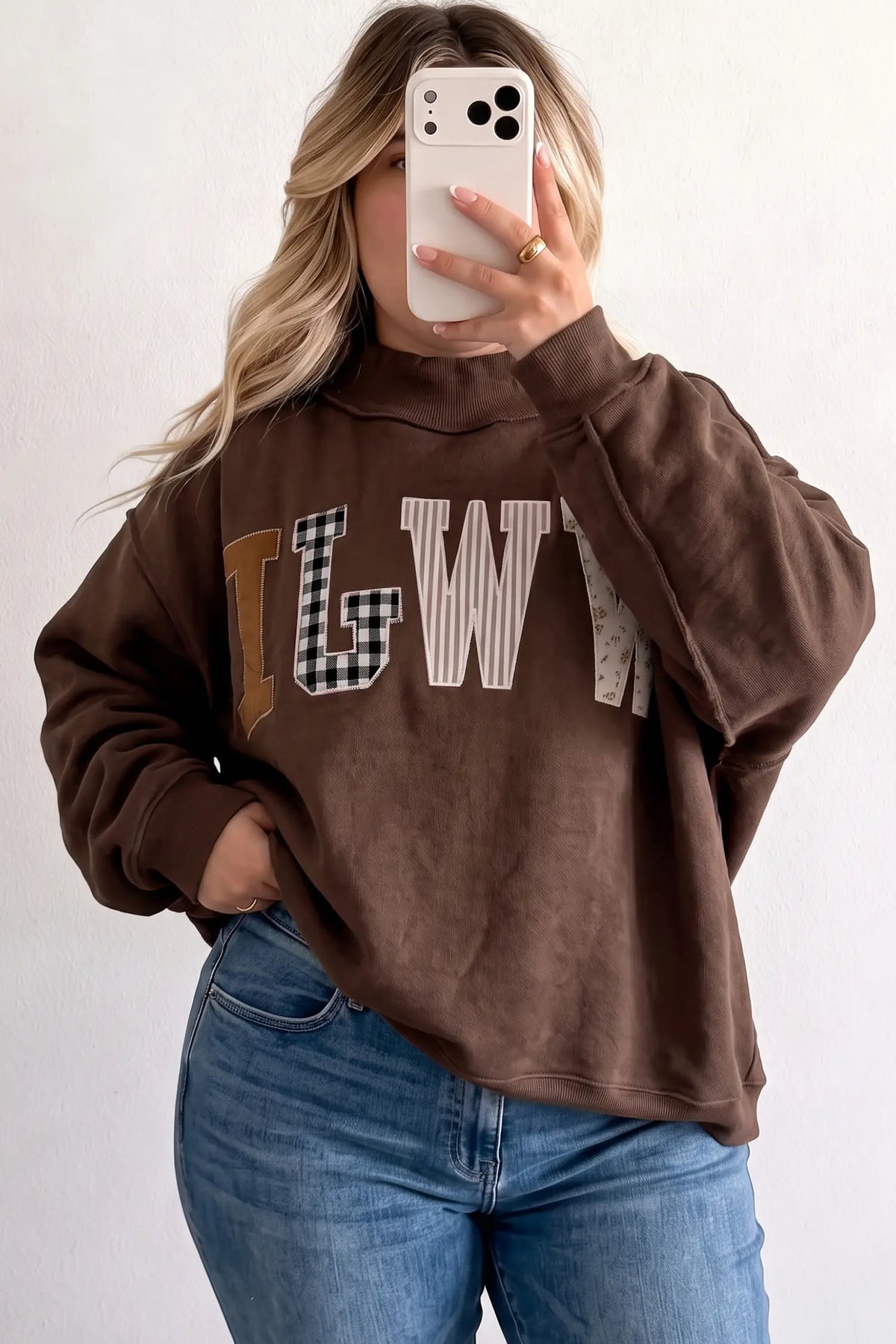 WWJD Mix Pattern Letter Graphic Exposed Seam Loose Plus Size Sweatshirt – Grey
