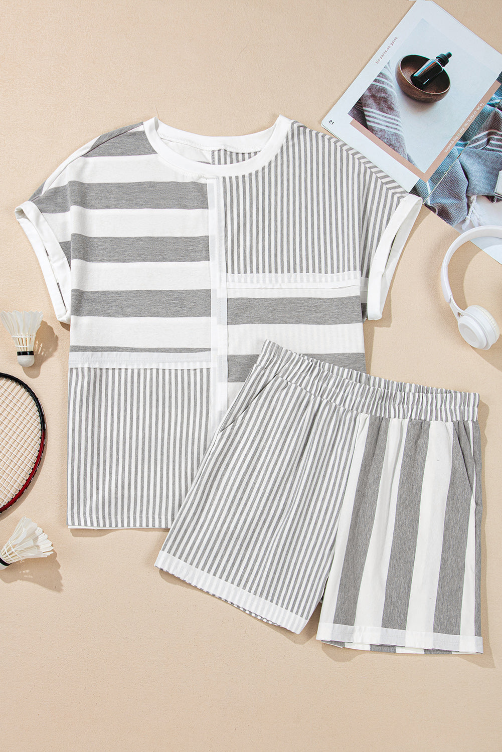 Grey Stripe Mixed Print Short Sleeve Top and Pocketed Shorts Set eAura