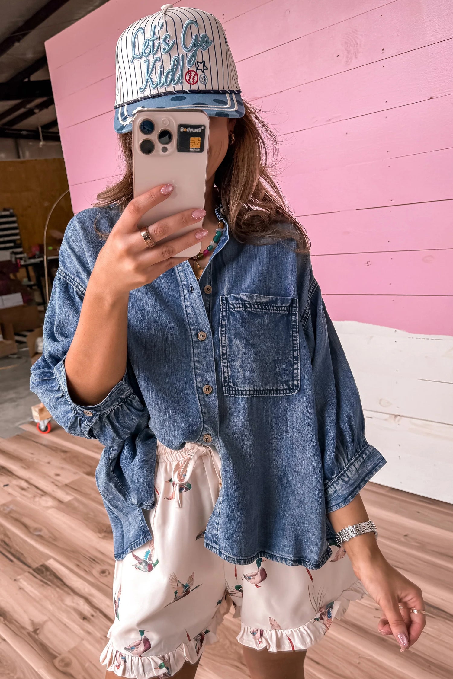 Three Quarter Sleeve Button Front Loose Denim Shirt – Dusk Blue