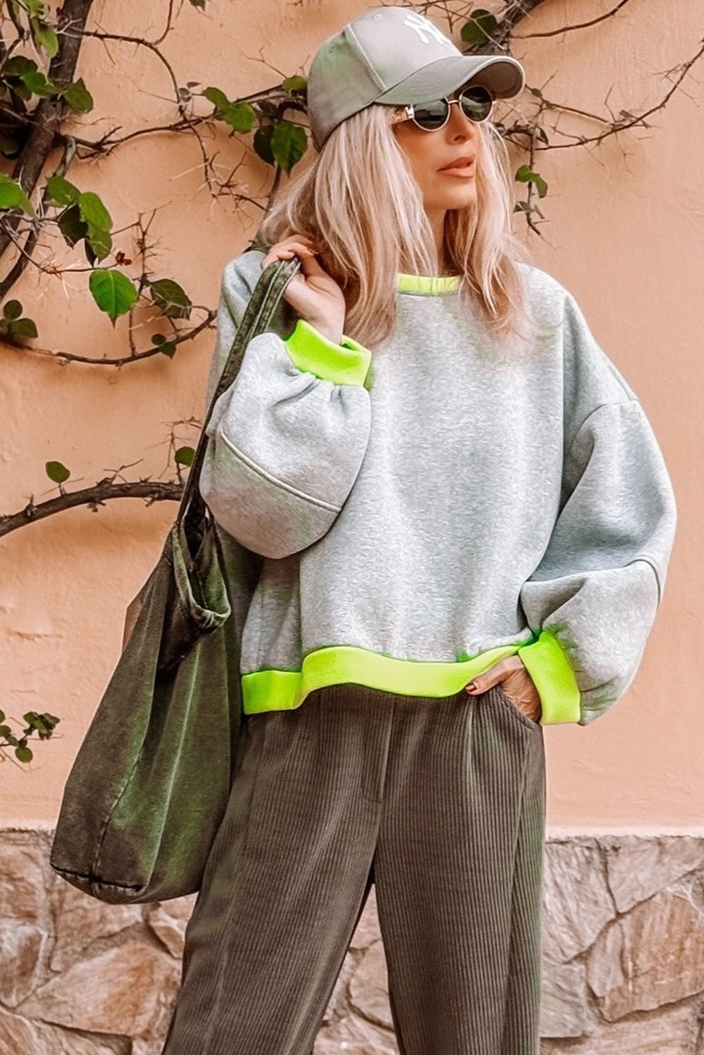 Grey Contrast Colour Banding Patchwork Puff Sleeve Loose Sweatshirt - eAura