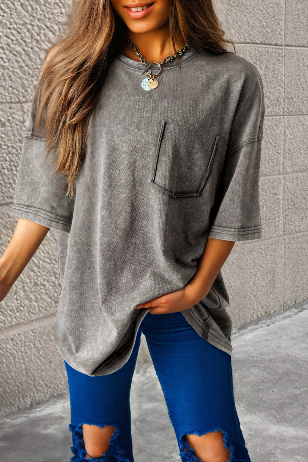 Philippine Grey Mineral Wash Half Sleeve Boyfriend Vintage T Shirt - eAura