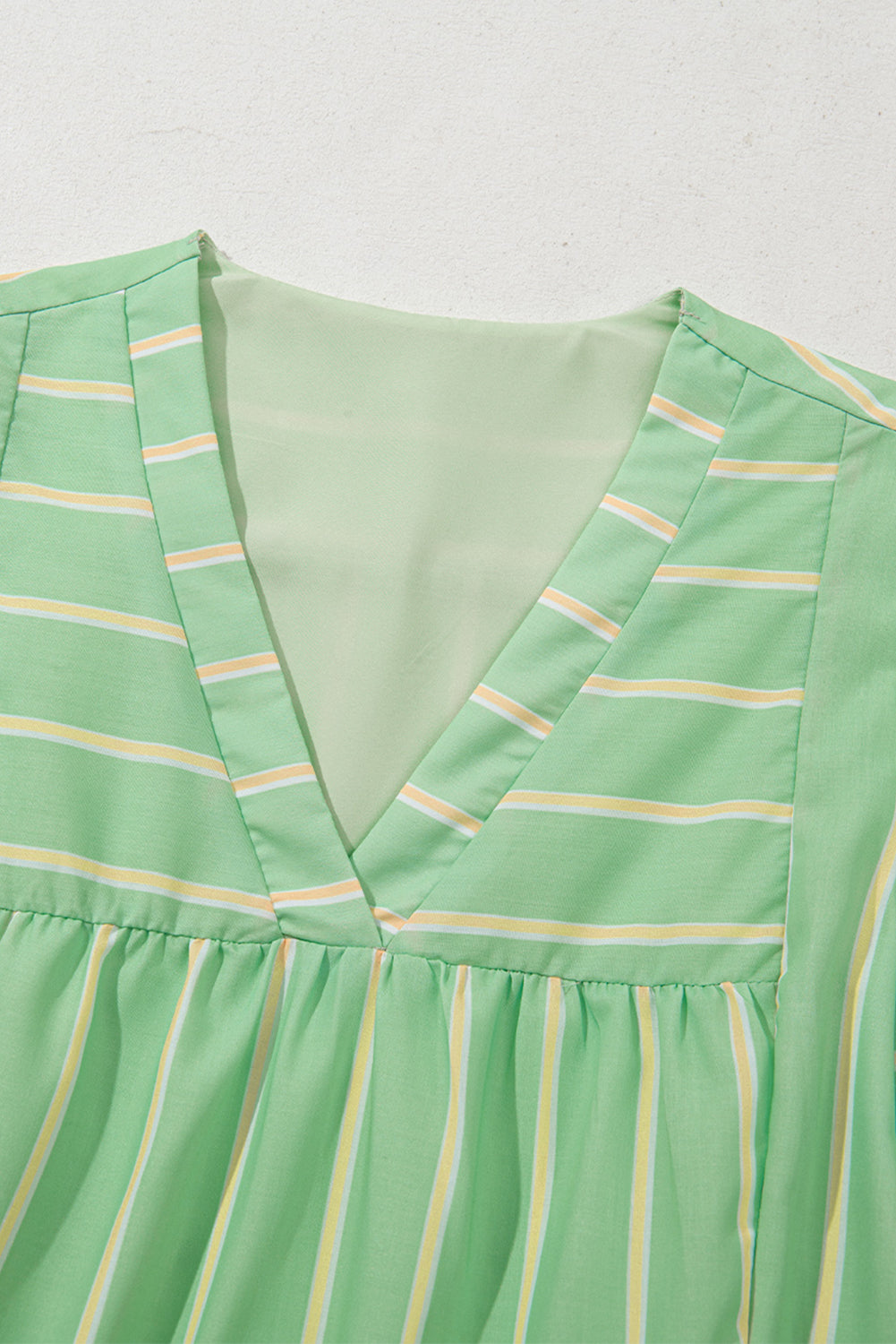 Green Stripe V-Neck Short Sleeve Frilled Detail A-line Dress eAura