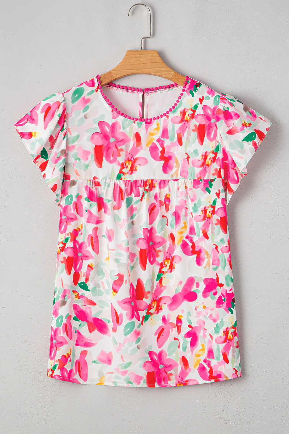 Rose Floral Print Flutter Sleeve Round Neck Casual Blouse eAura
