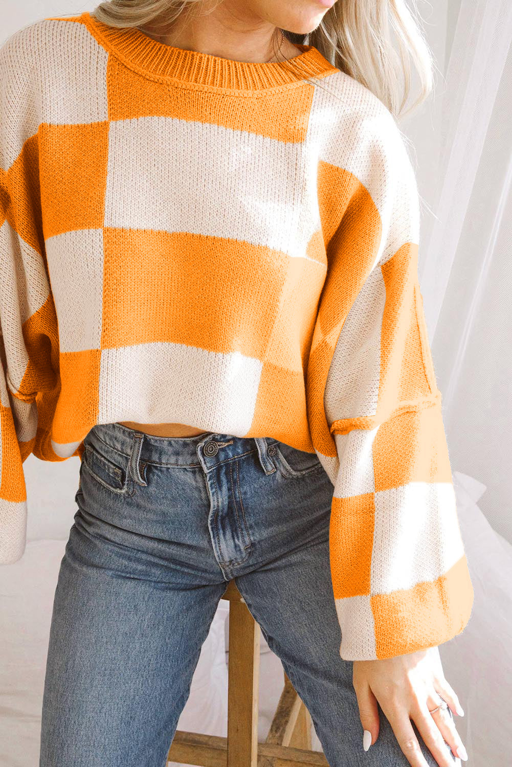Orange Checkered Bishop Sleeve Sweater eAura