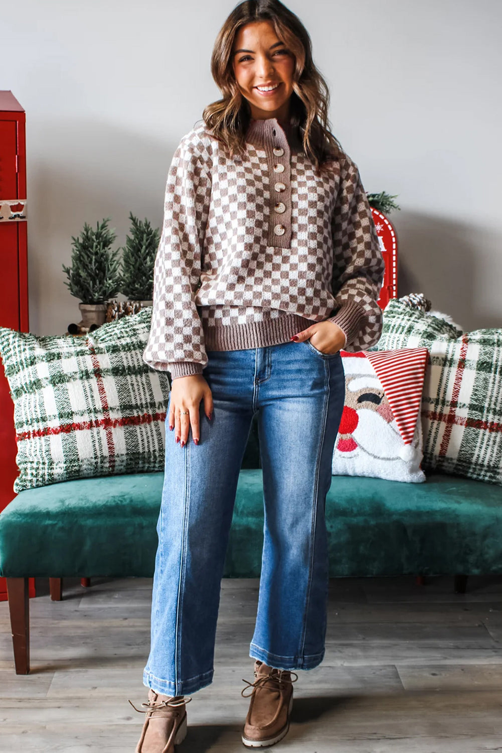 Dark Brown Half Button Ribbed Trim Checkerboard Knit Sweater eAura