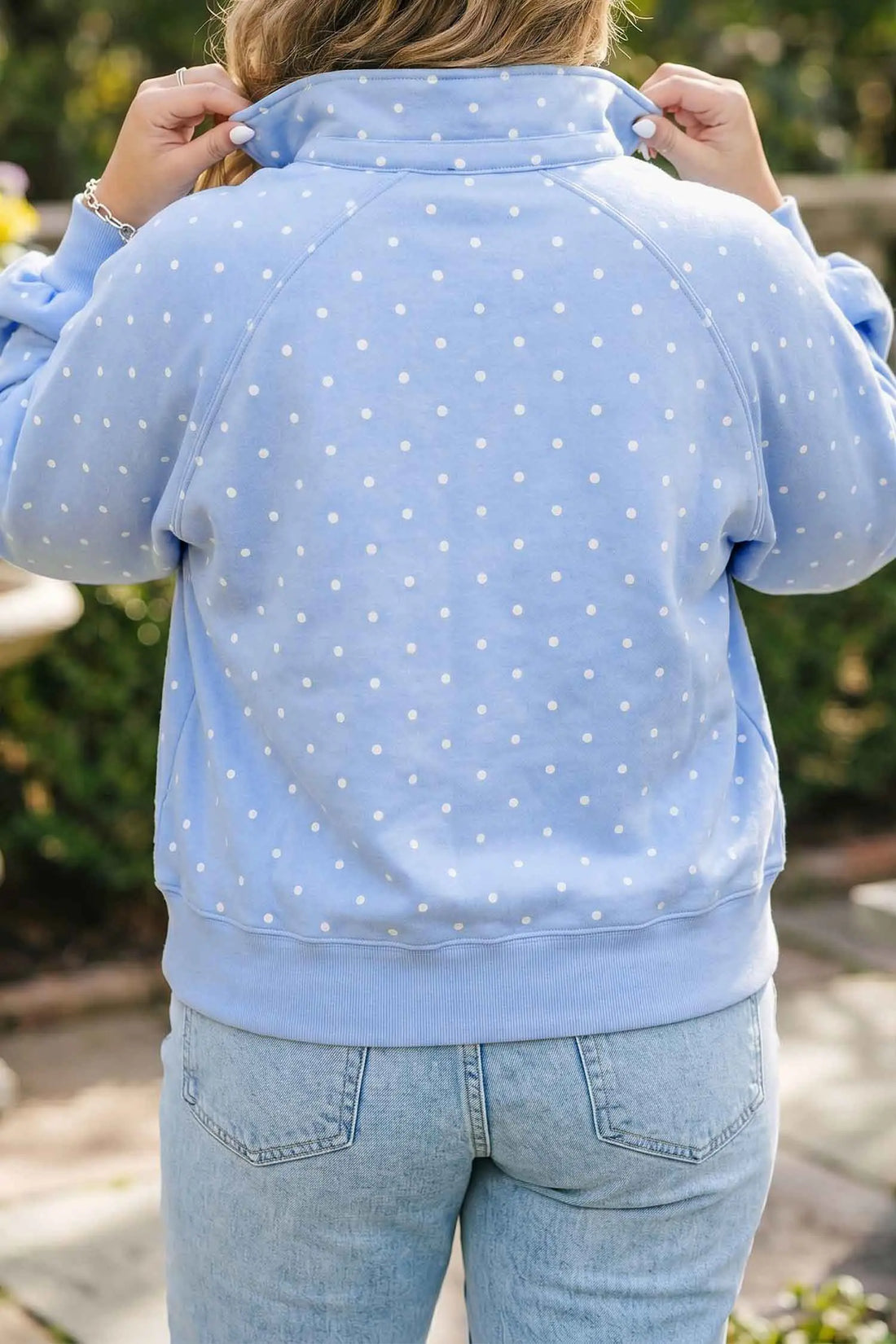 Sky Blue Polka Dot V Neck Metal Button Long Sleeve Shift Plus Size Sweatshirt – Light Blue
