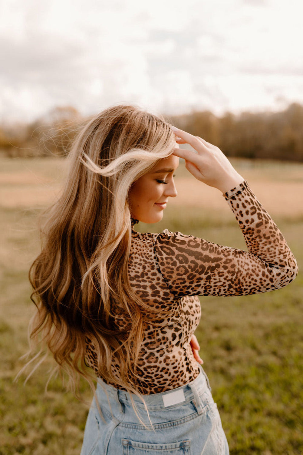 Brown Leopard Smocked Neck Mesh Long Sleeve Bodysuit eAura