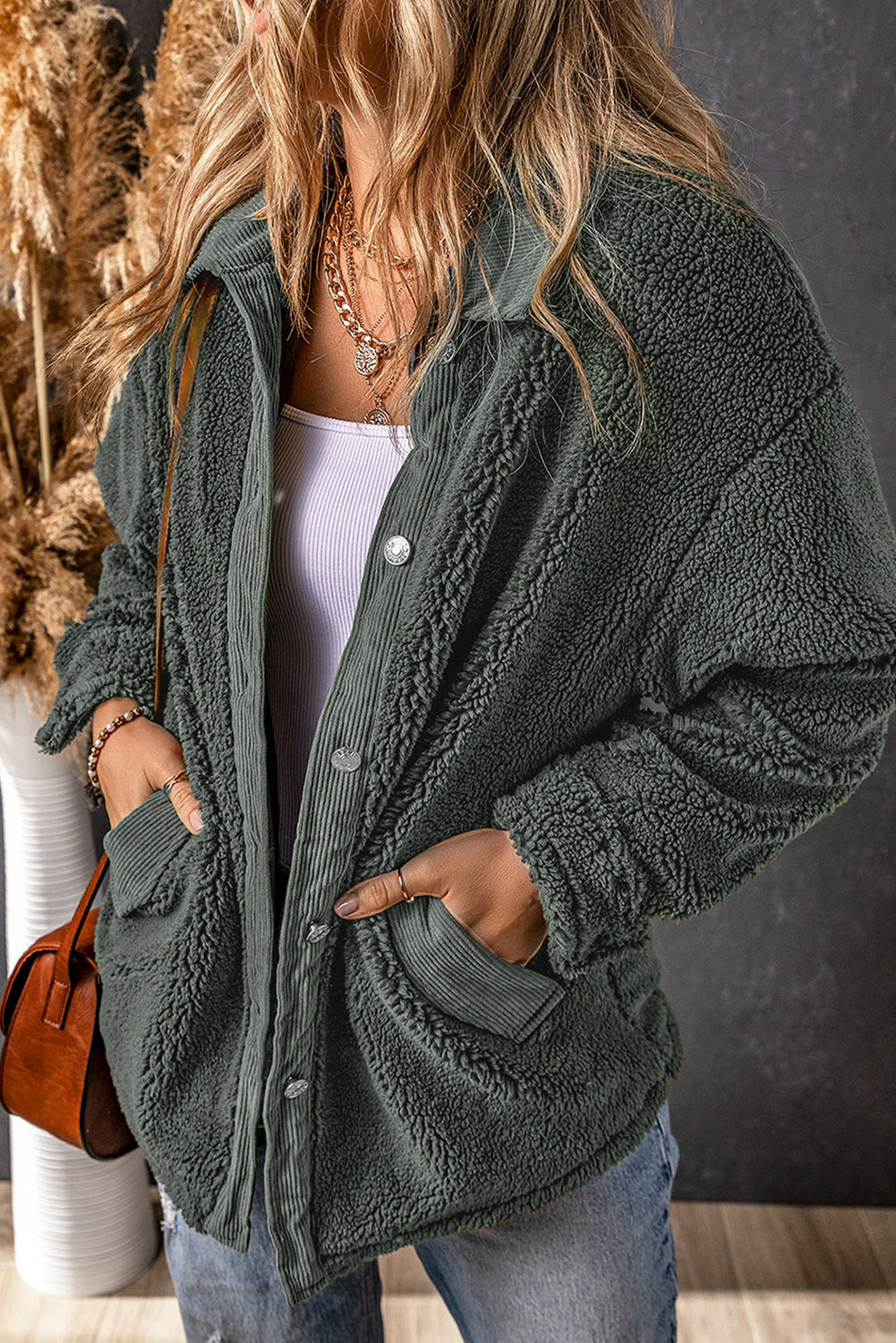 Grey Corduroy Trim Elbow Patch Sherpa Jacket Beagle Boutique Fashion Outlet