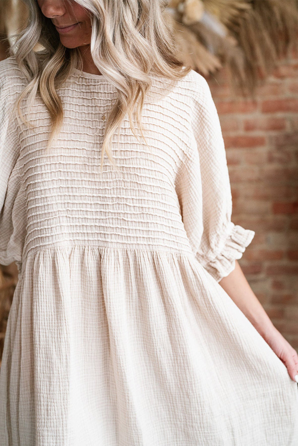 White Textured Ruffled Puff Sleeve Oversized Dress eAura