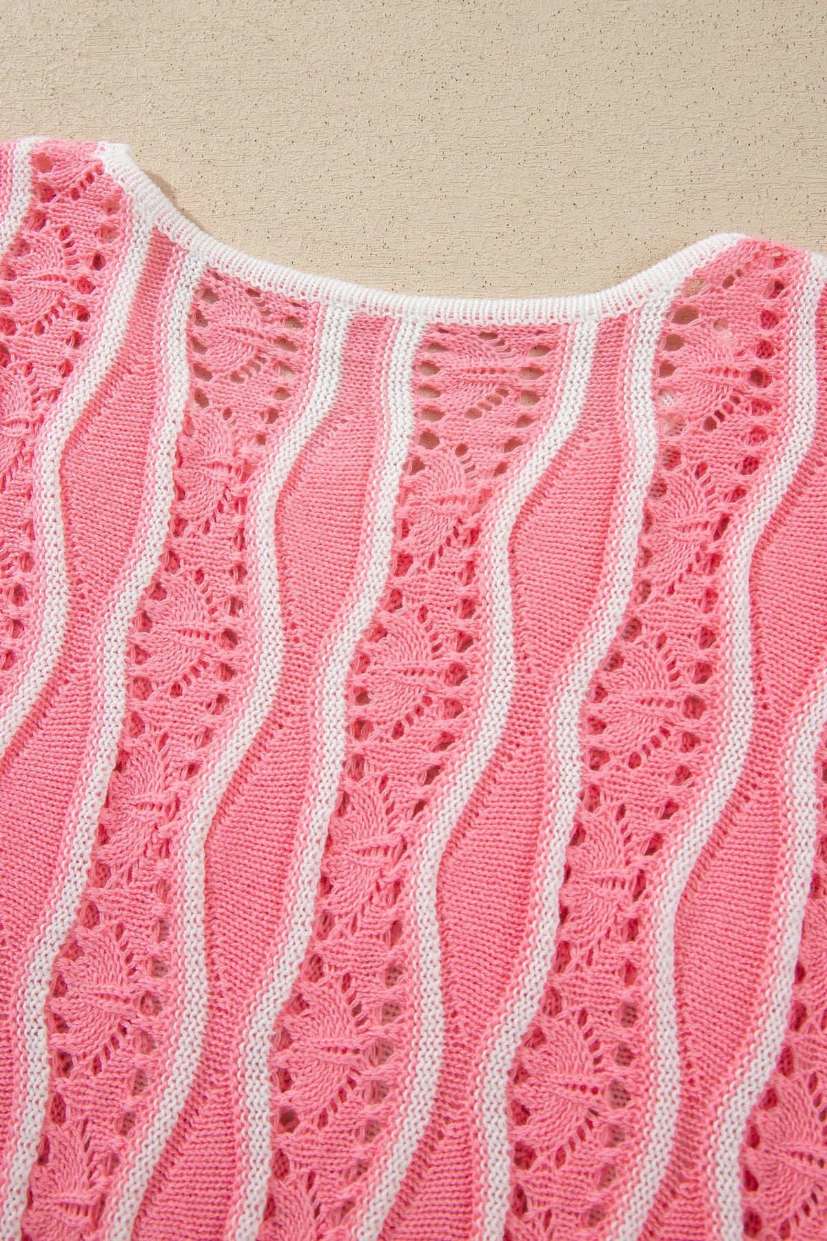 Wavy Detail Hollow Out Knit Long Sleeve Cotton Pullover Sweater – Pink
