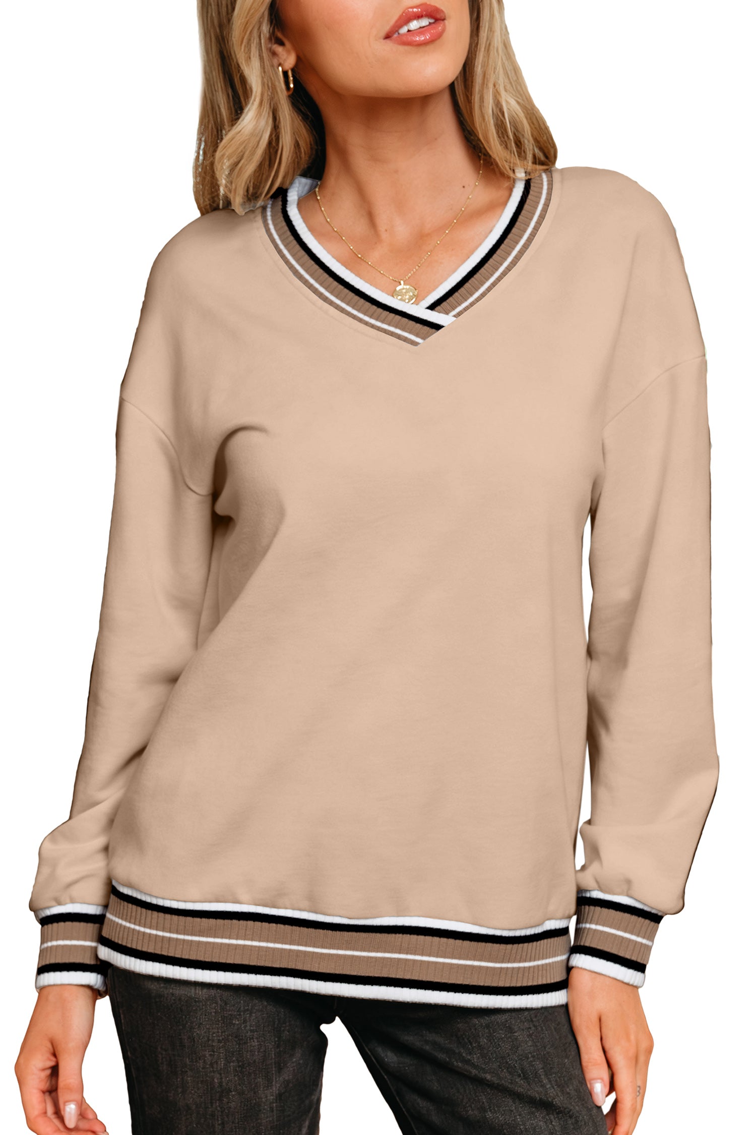 Varsity Contrast Striped Trim V-Neck Sweatshirt