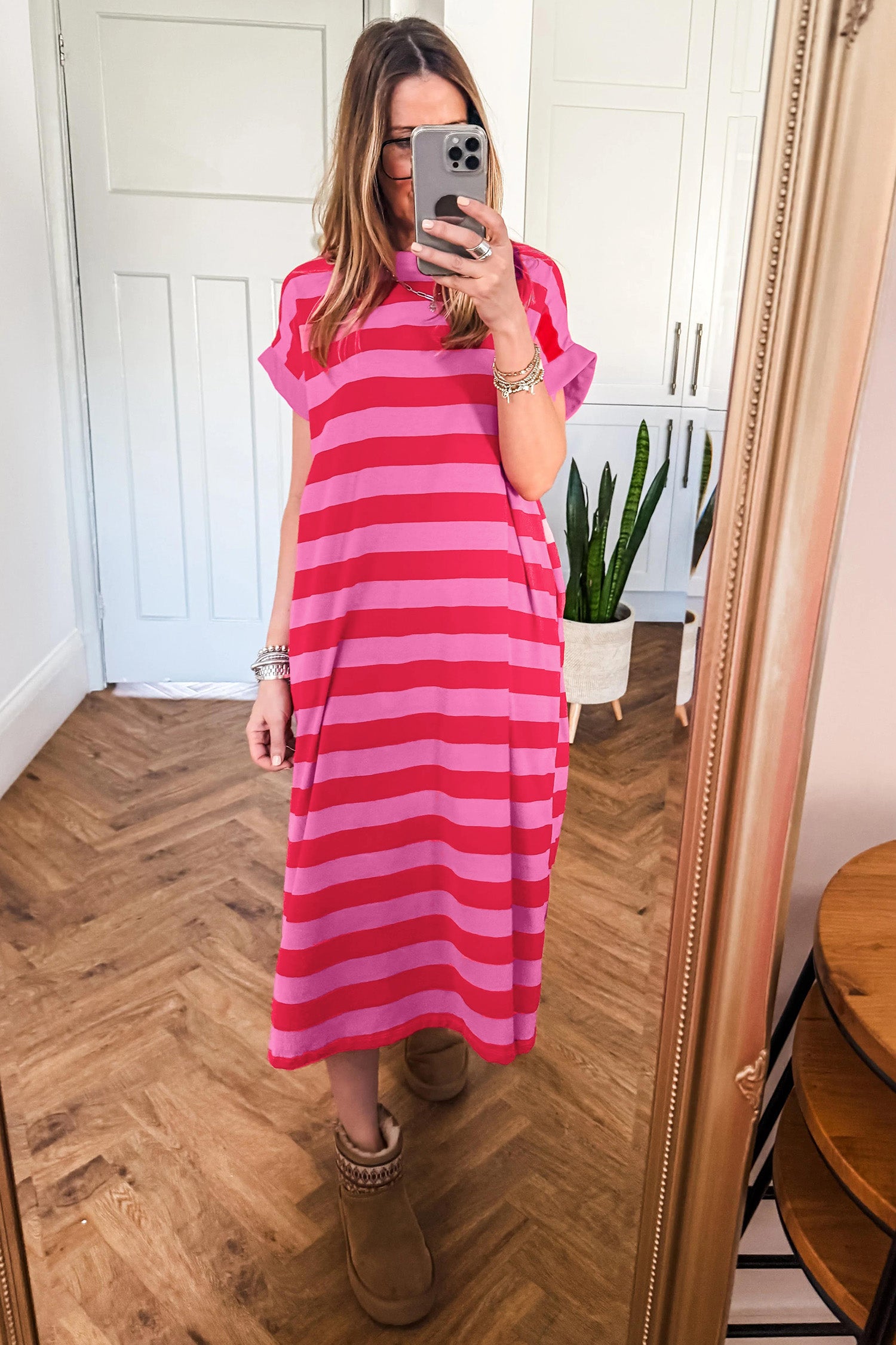 Cuffed Short Sleeve Pocketed Casual T Shirt Long Dress – Rose Stripe