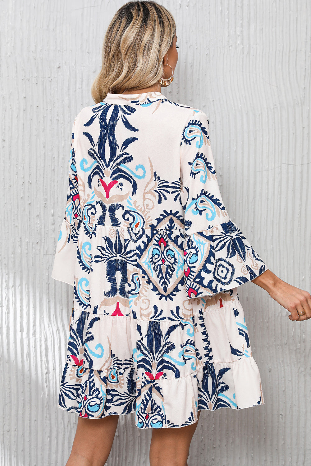Tribal Bracelet Sleeve Buttoned Mini Dress – White Print
