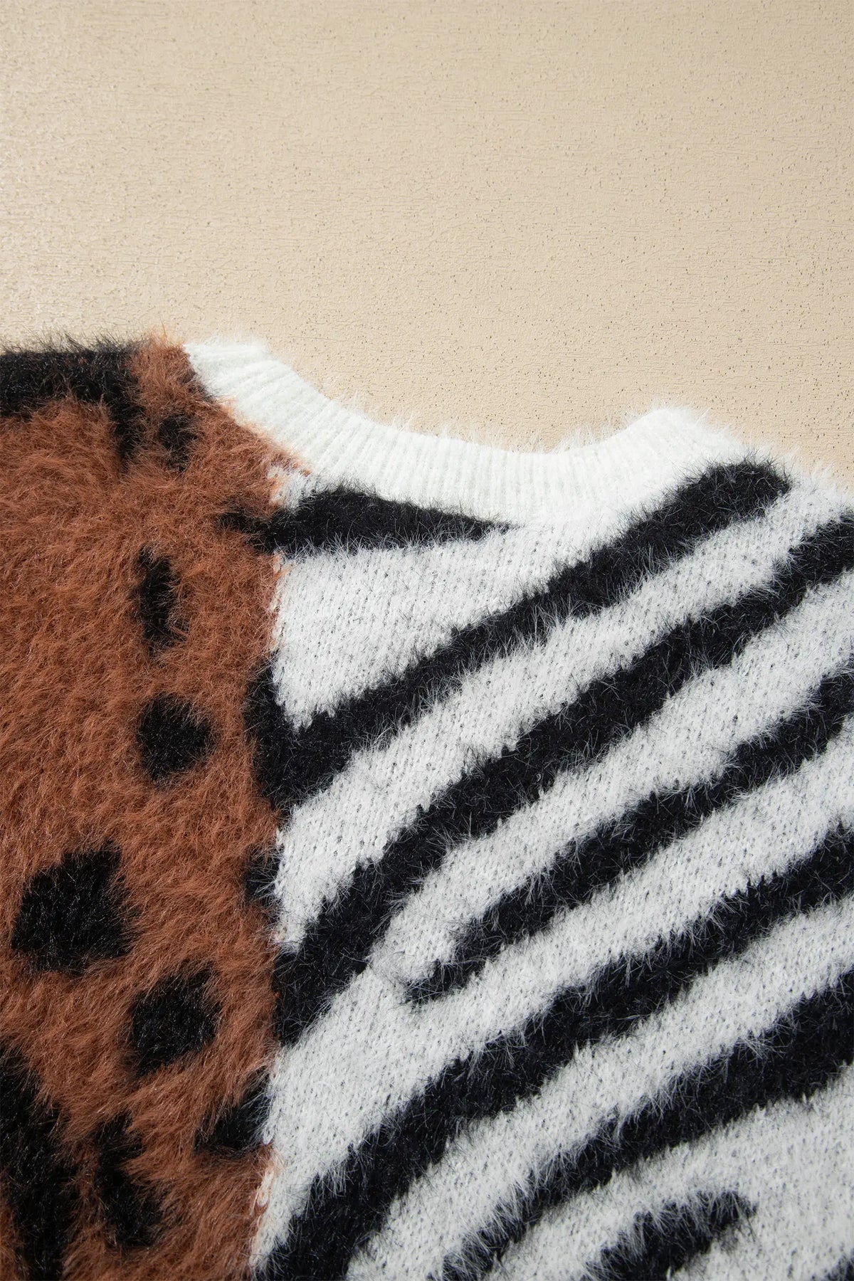 Western Leopard Zebra Print Long Sleeve Round Neck Sweater – Coffee
