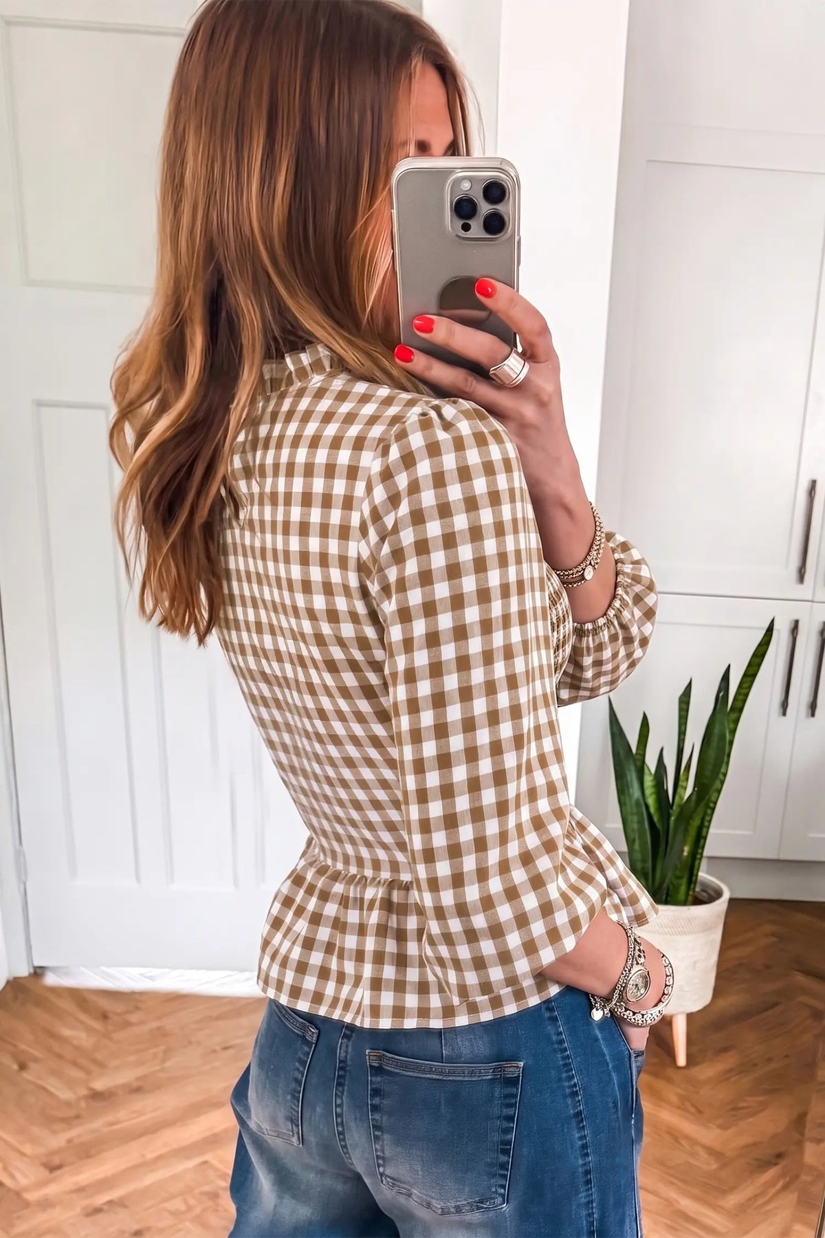 3/4 Sleeve Shirred Plaid Peplum Top – Brown