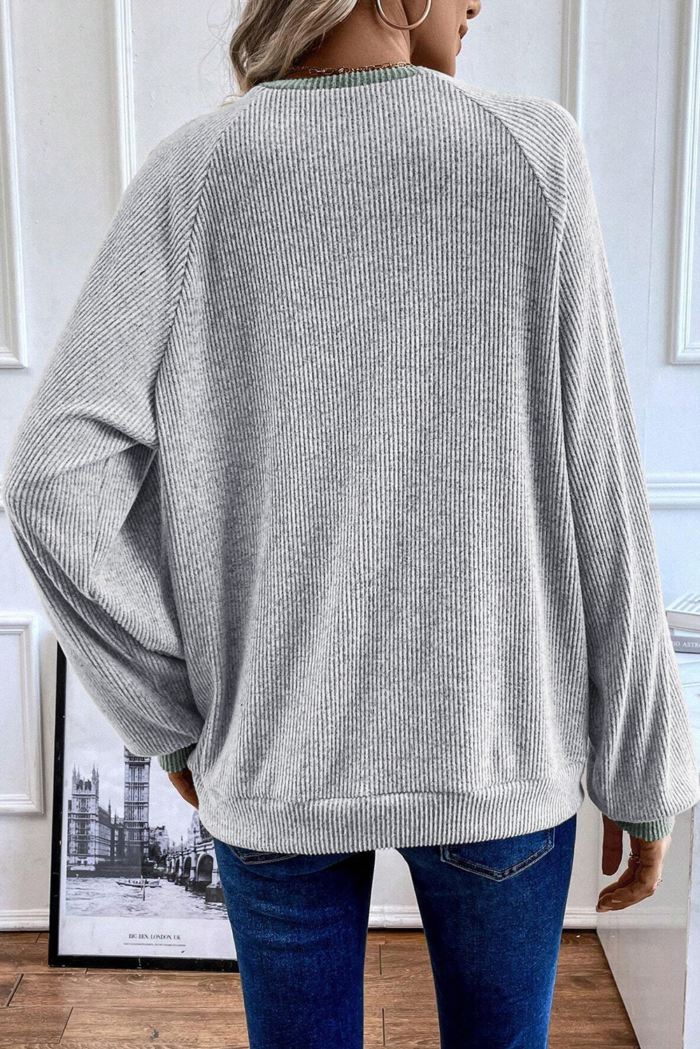Light Grey Colour Contrast Ribbed Loose Fit Long Sleeve Top eAura