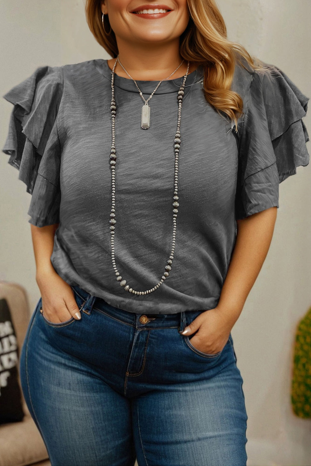 Dark Grey Double Ruffled Short Sleeve Plus Size Top BB Fashion Outlet