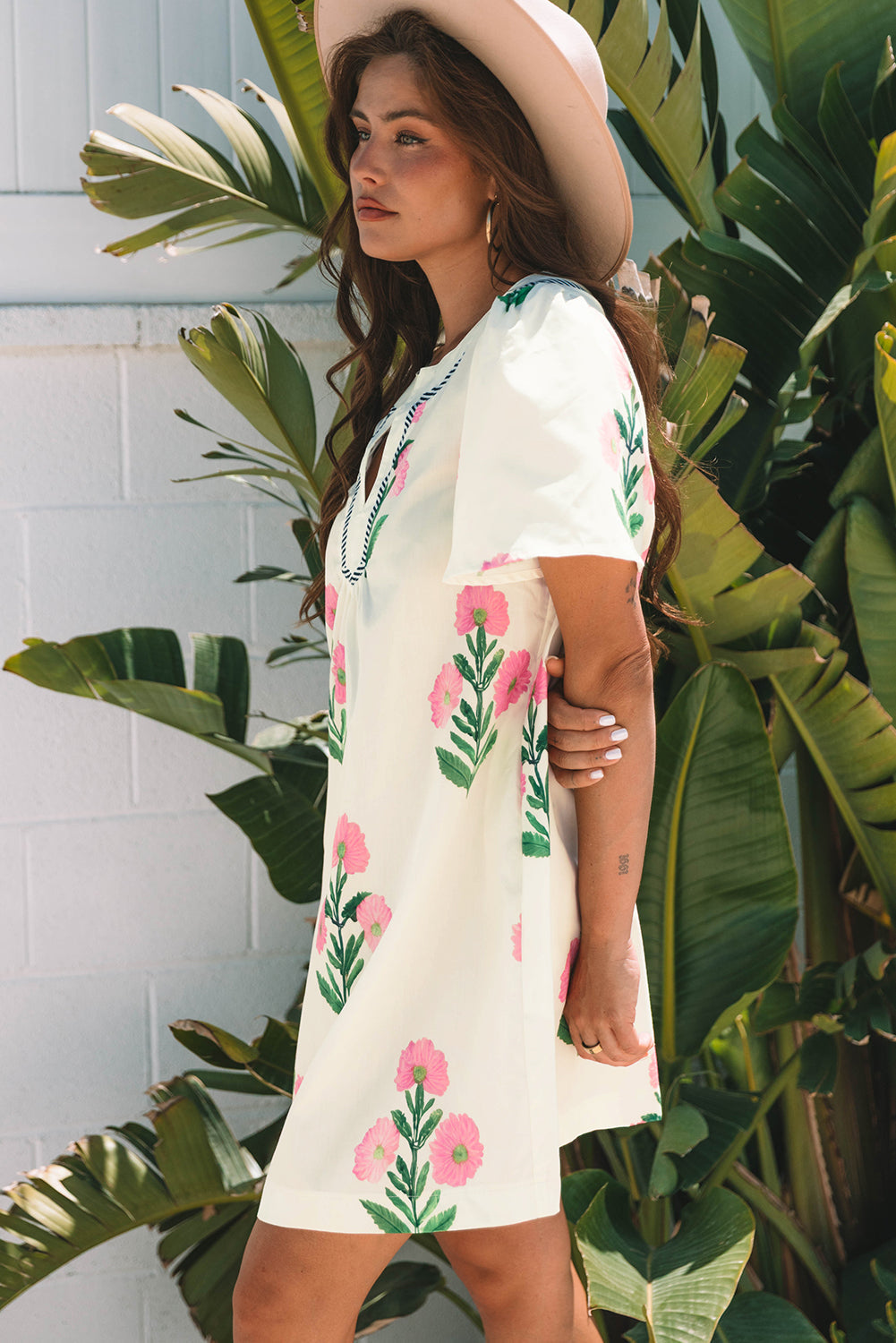 Floral Short Sleeve Split Neck Loose Mini Dress eAura