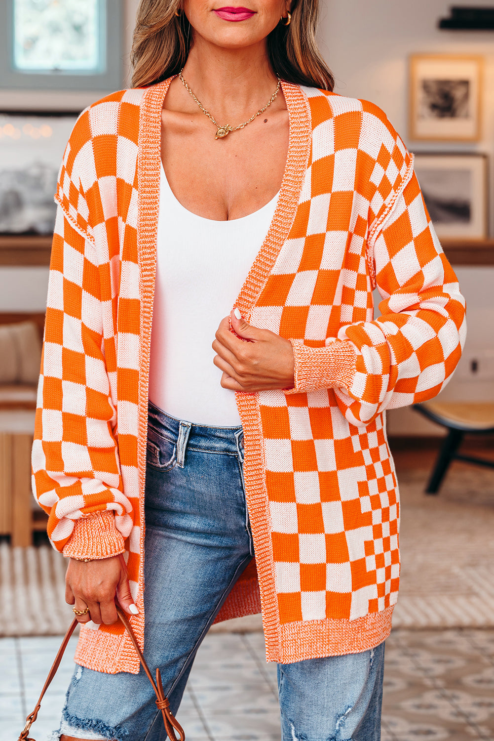 Orange Checkered Open Front Drop Shoulder Cardigan eAura