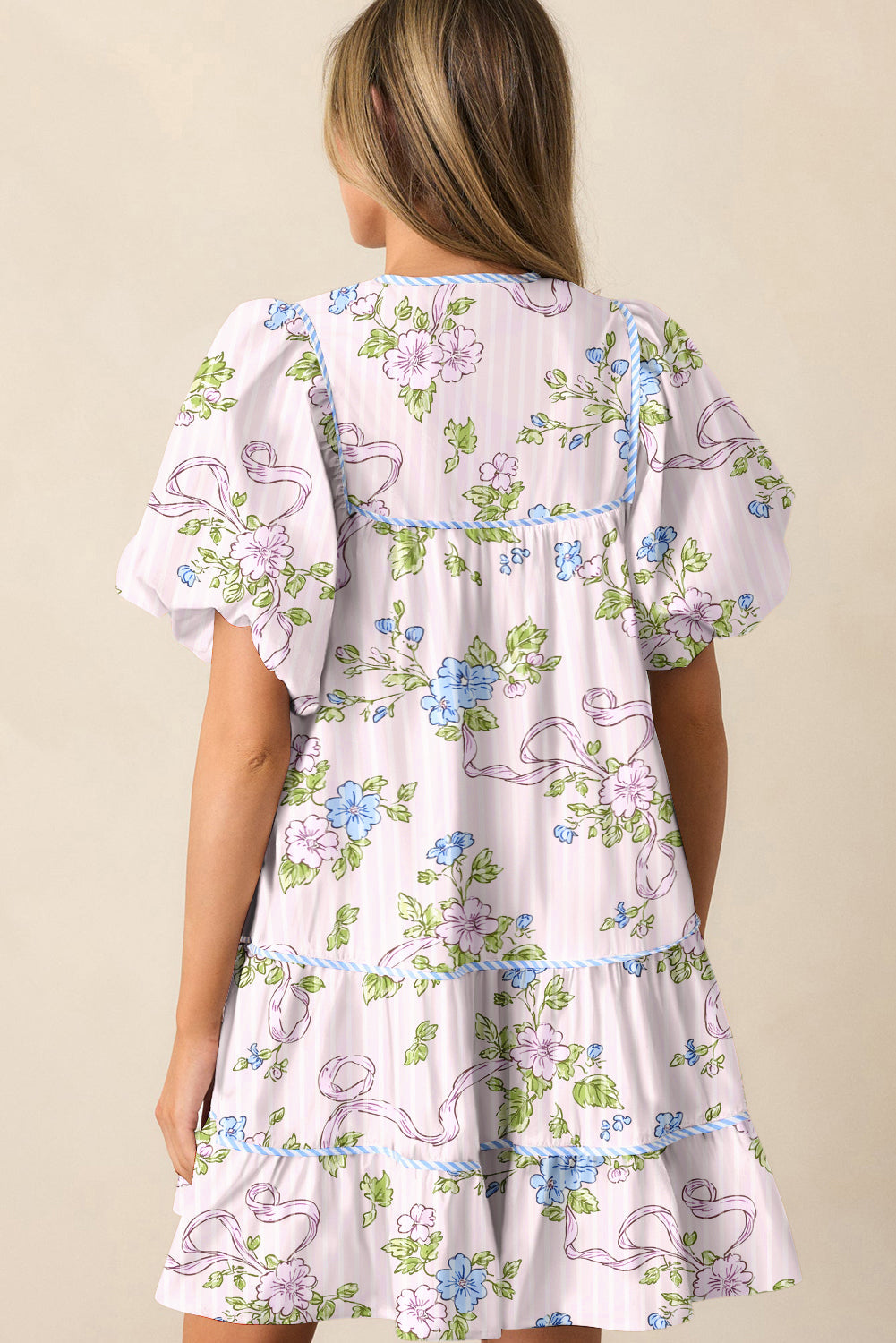 Floral Striped Print Contrast Trim Tie Split Neck Mini Dress eAura