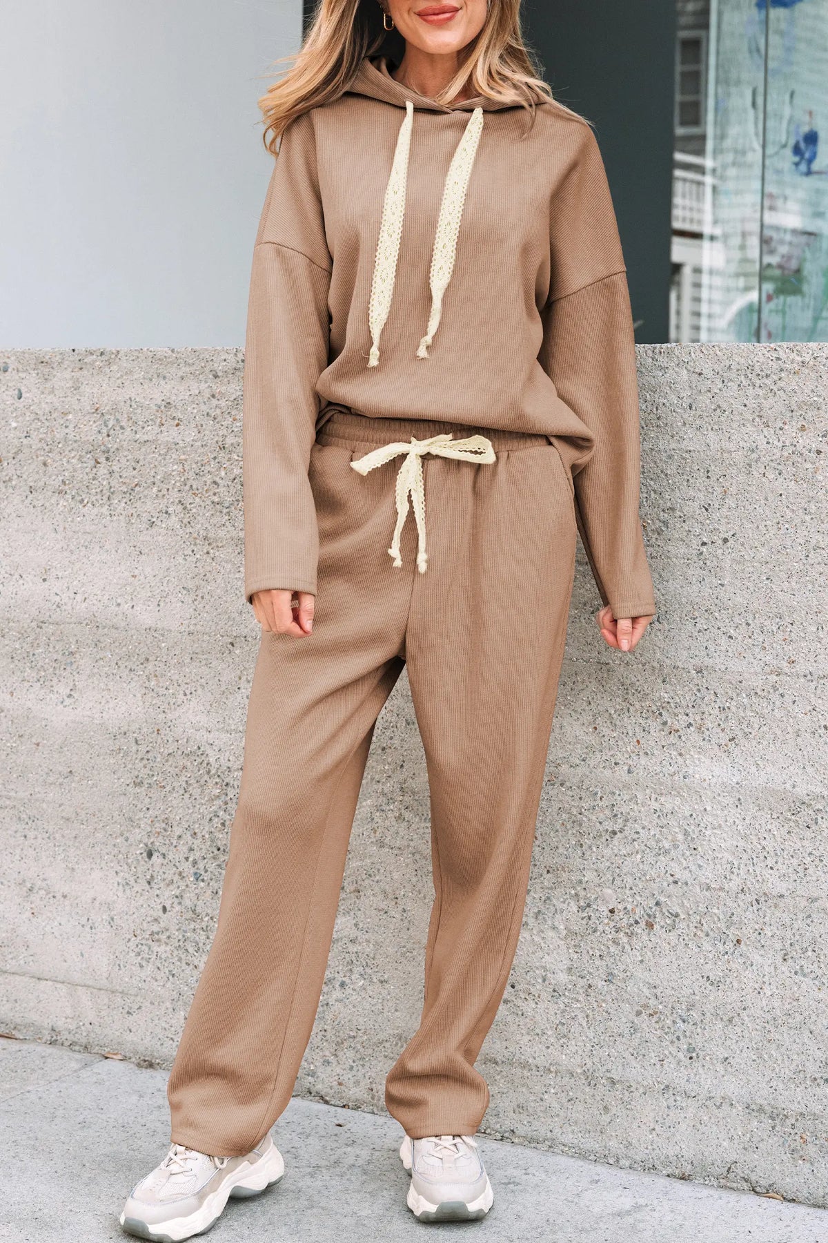 Pullover Hoodie and High Waist Bottoms Soft Cord Co-ord Set