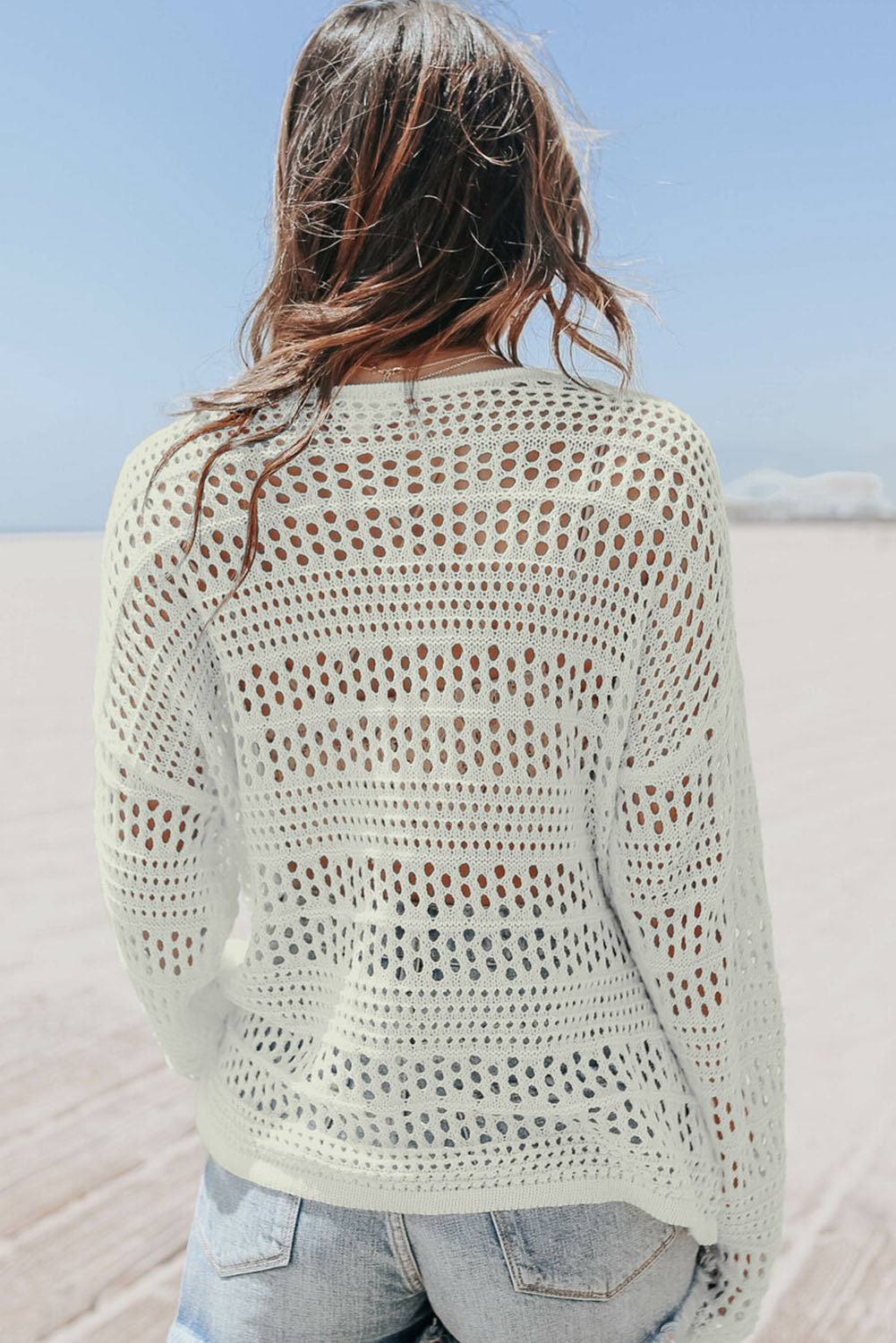 White Hollow Out Crochet V Neck Pullover Sweater eAura