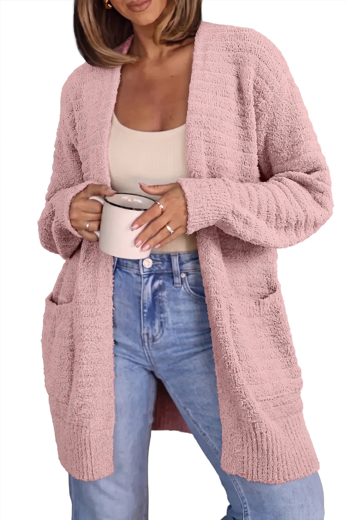 Open Front Soft Fuzzy Ribbed Sweater Cardigan – Light Pink