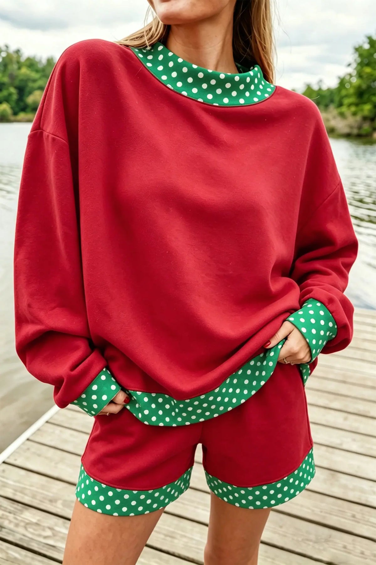 Gingham Trim Baggy Pullover 2pcs Short Set – Fiery Red