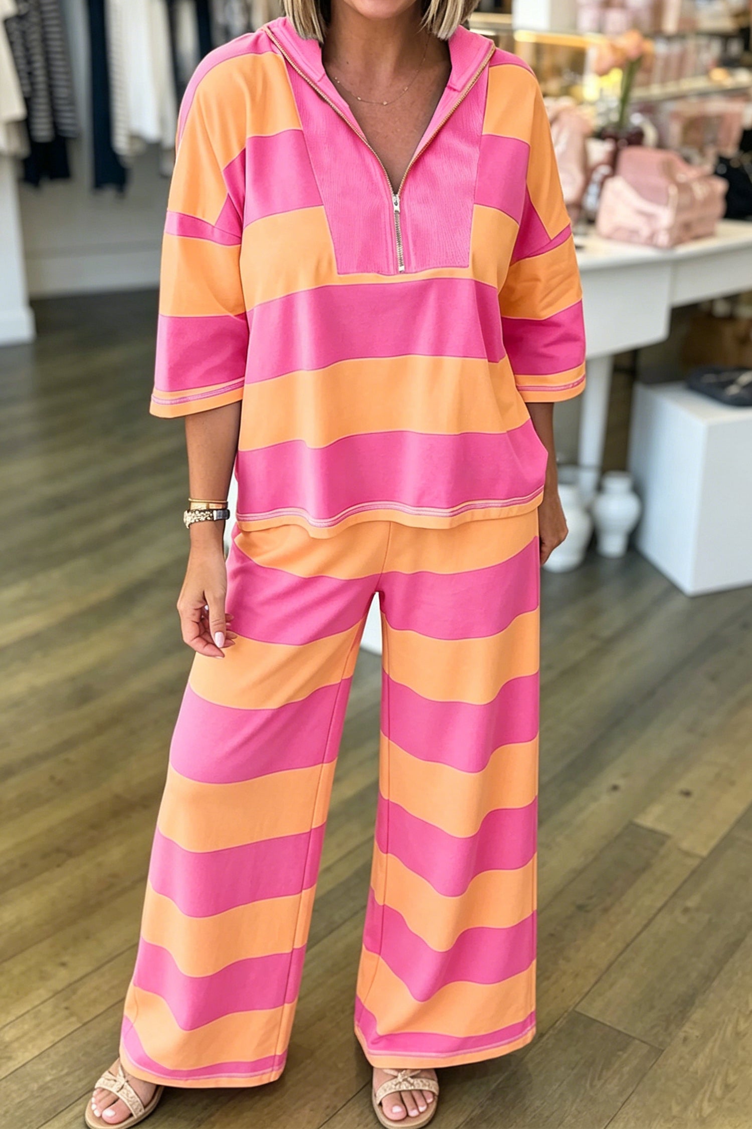 Colorblock Half Sleeve Top Casual Loose Pants 2pcs Set – Orange Stripe