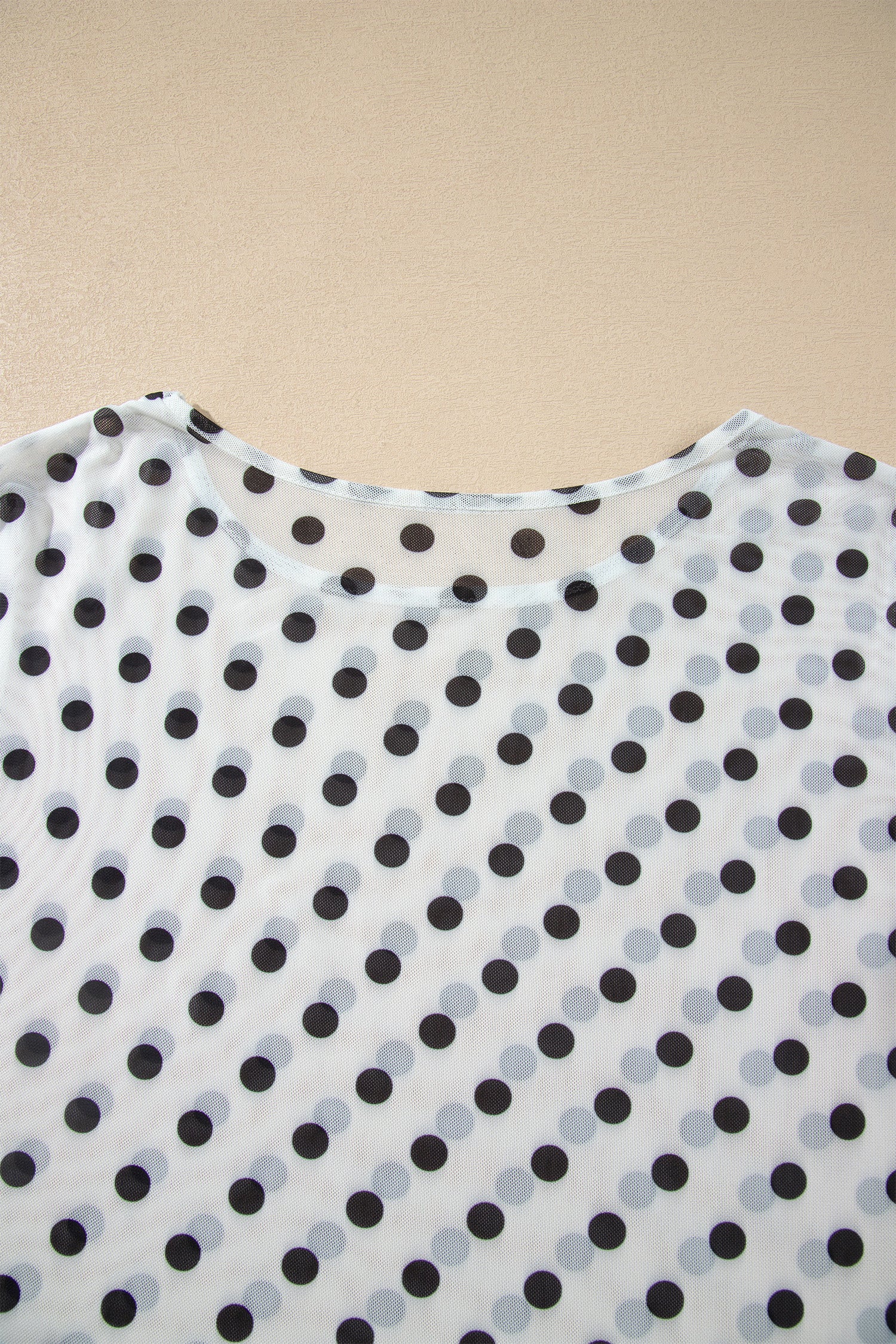 Polka Dot Sheer Mesh Long Sleeve Round Neck Shift Top – Black