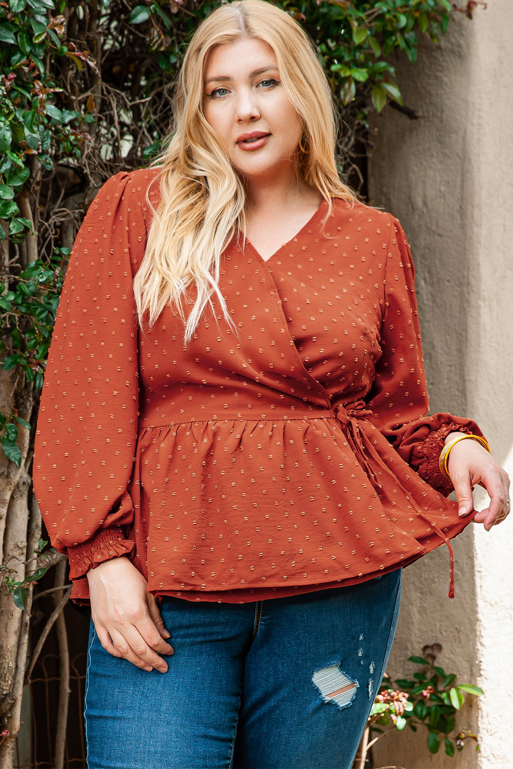 Gold Flame Plus Size Swiss Dot V Neck Wrap Tie Side Blouse BB Fashion Outlet