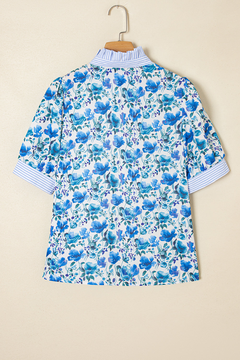 Blue Floral Print Striped Patchwork Collared Short Sleeve Blouse eAura