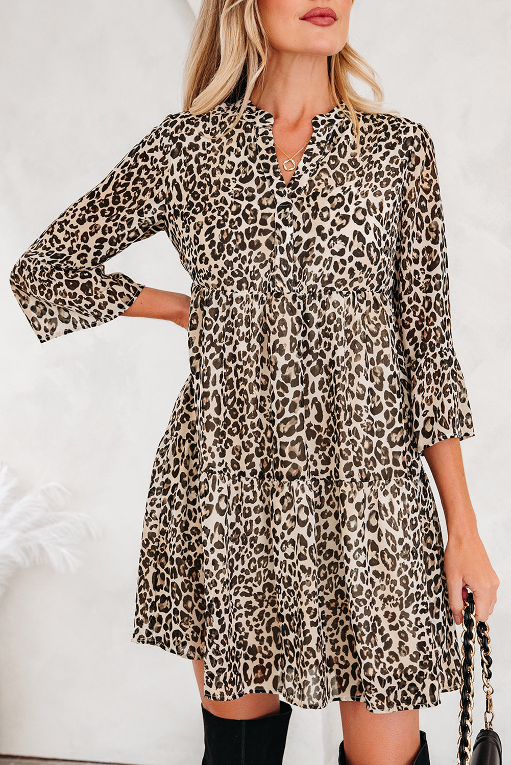 Leopard 3/4 Sleeve V-Neck Smock Dress - eAura
