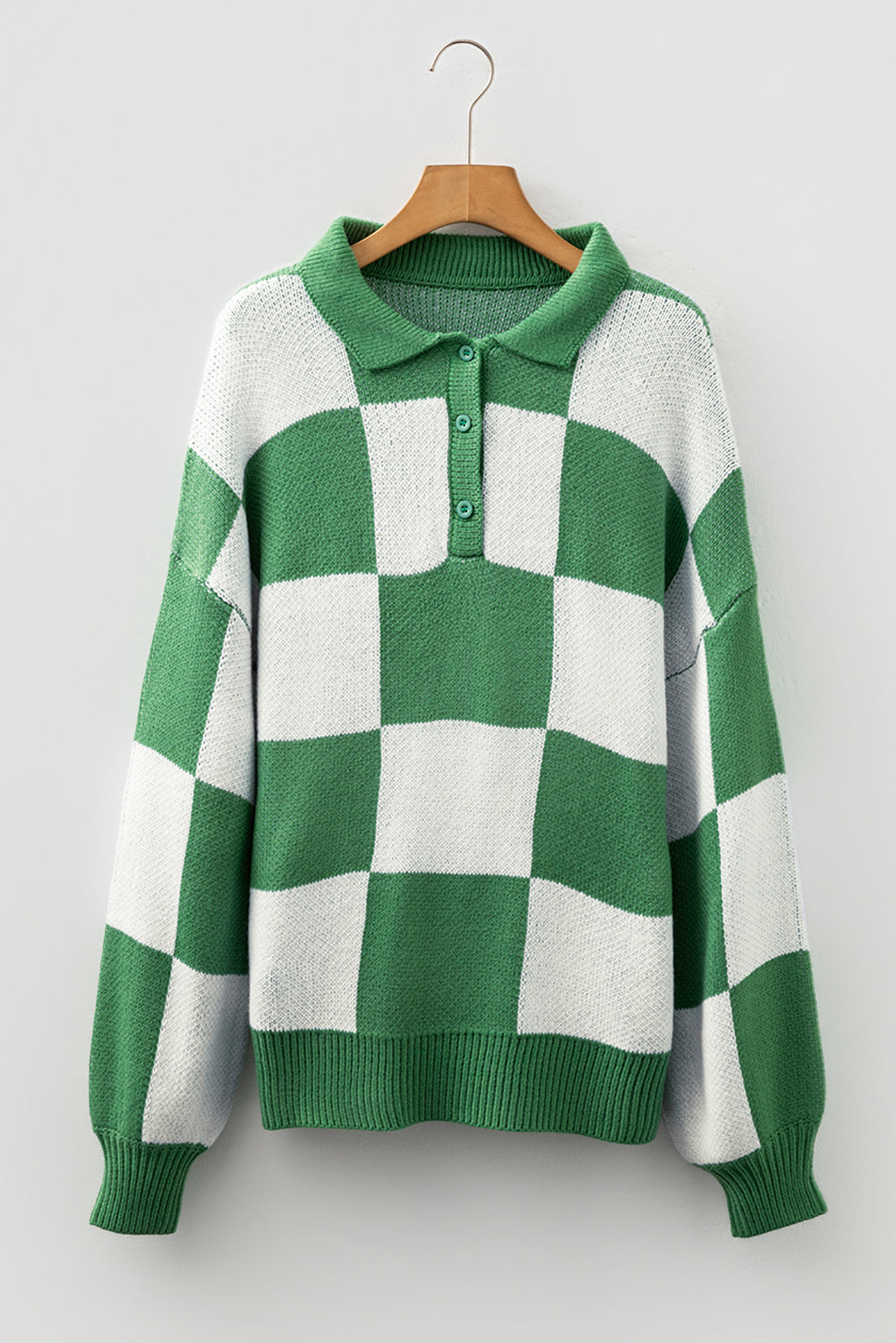 Checkered Pattern Polo Collar Loose Sweater eAura