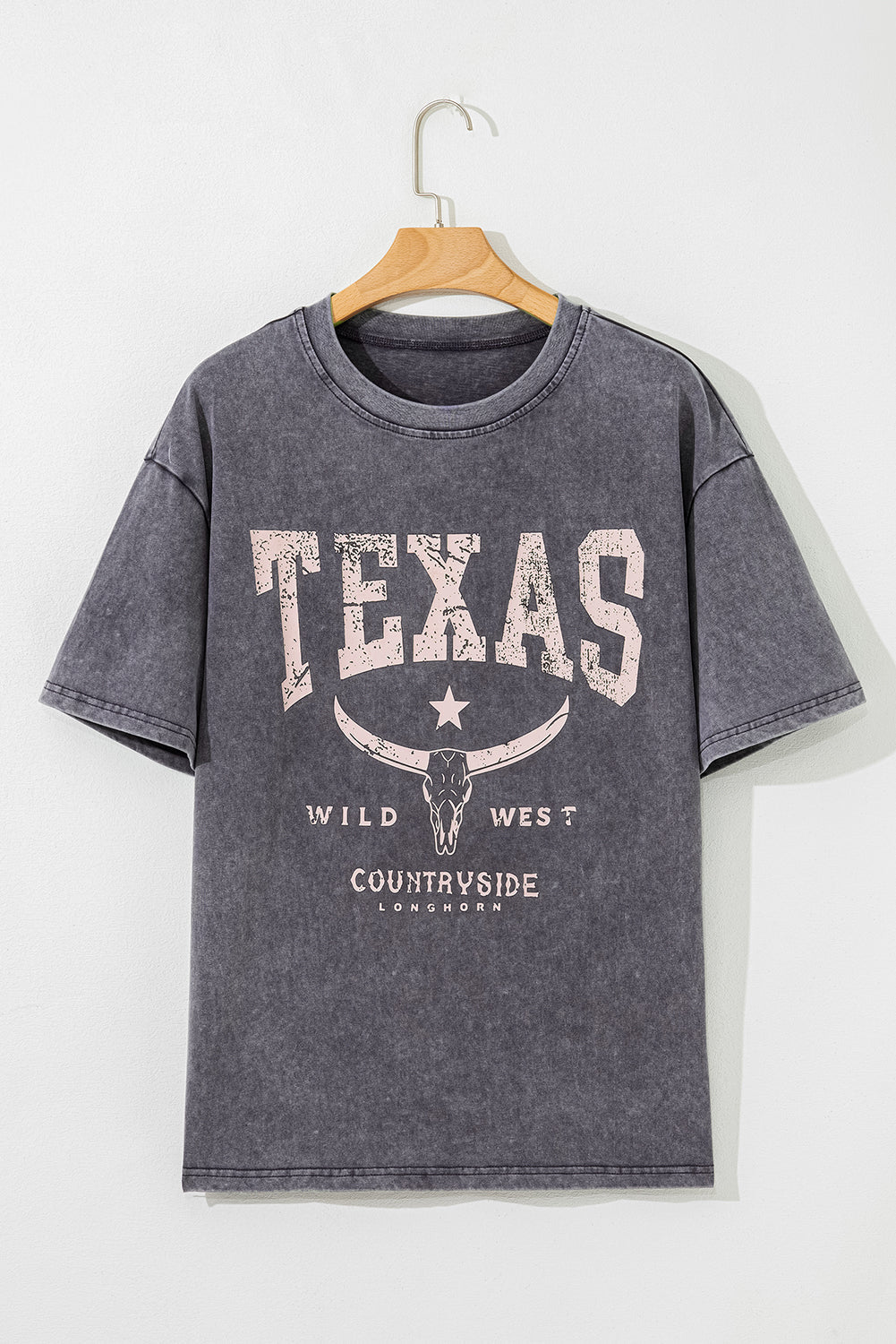 Grey TEXAS Steer Head Graphic Mineral Wash Oversized T Shirt eAura