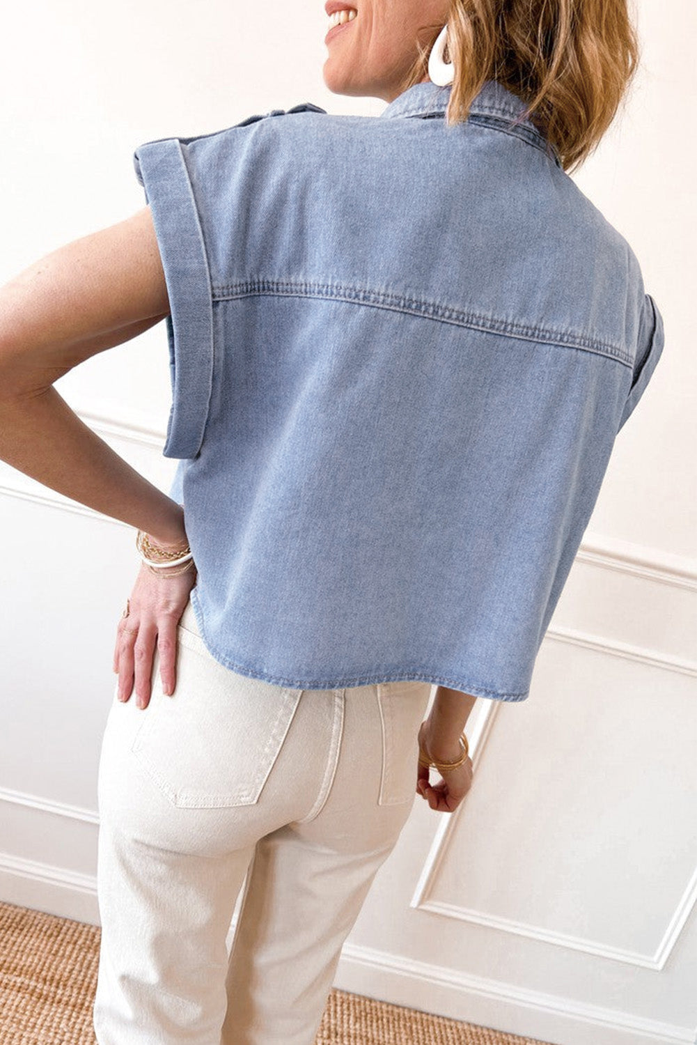 Dusk Blue Denim Pinup Folded Cap Sleeve Shirt eAura