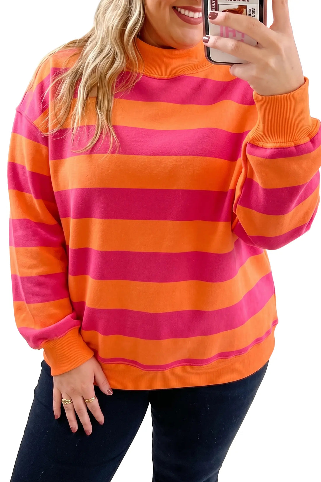 Ribbed Trim Stand Neck Dropped Shoulder Plus Size Sweatshirt