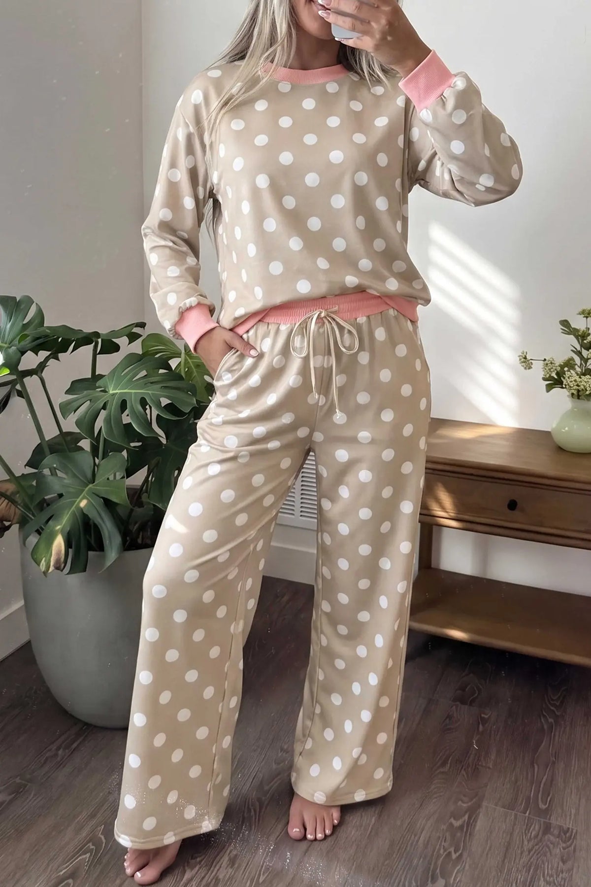 Polka Dot Contrast Trim Long Sleeve Top Drawstring Shift Pants Set – Khaki