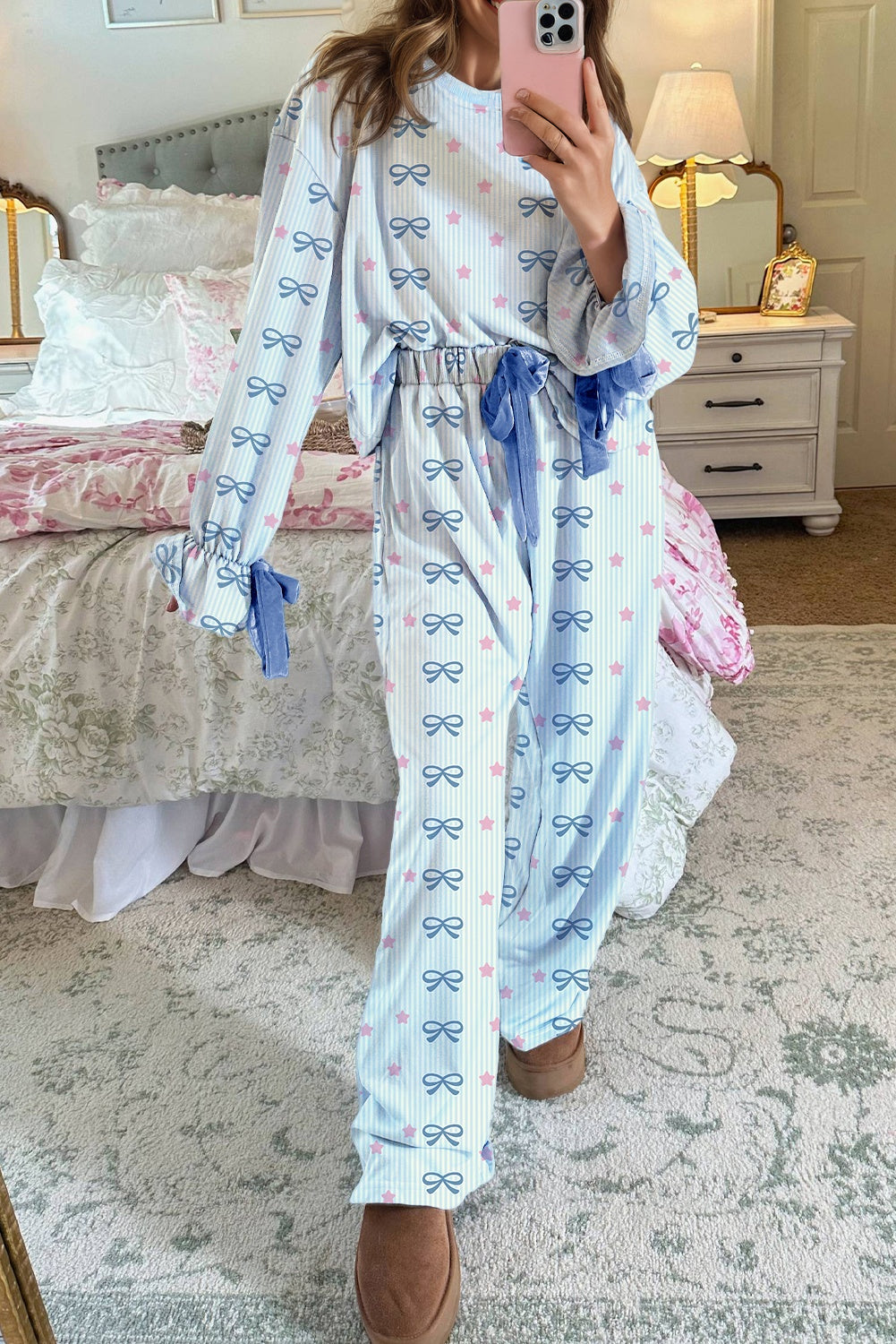 Sky Blue Stripe Bow Star Print Tied Detail 2pcs Lounge Set eAura