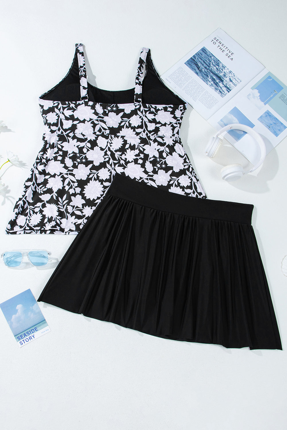 Black Plus Size Printed Square Neck Drawstring Ruffled Tankini Set BB Fashion Outlet
