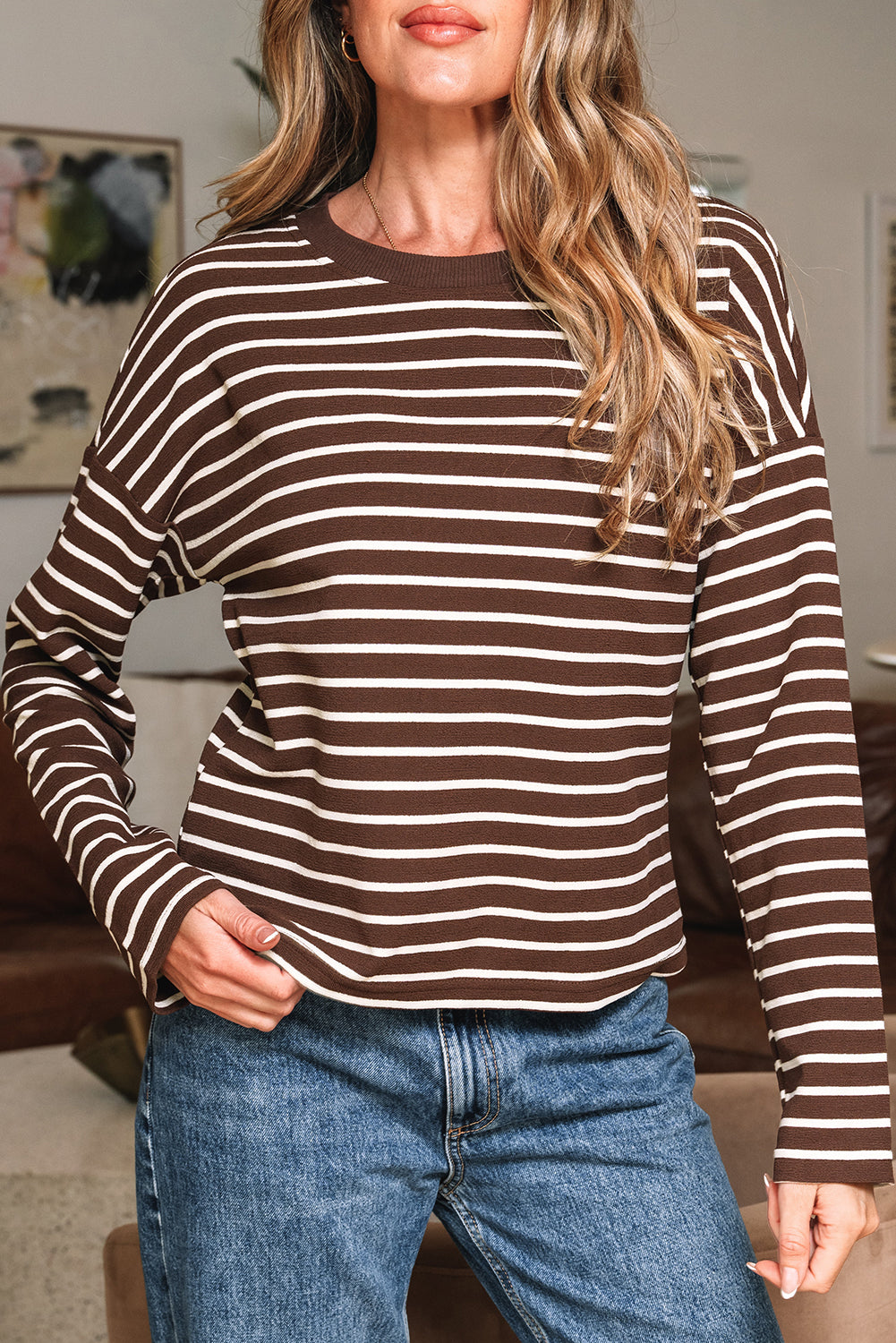 Striped Ribbed Cropped Long Sleeve T-Shirt - eAura