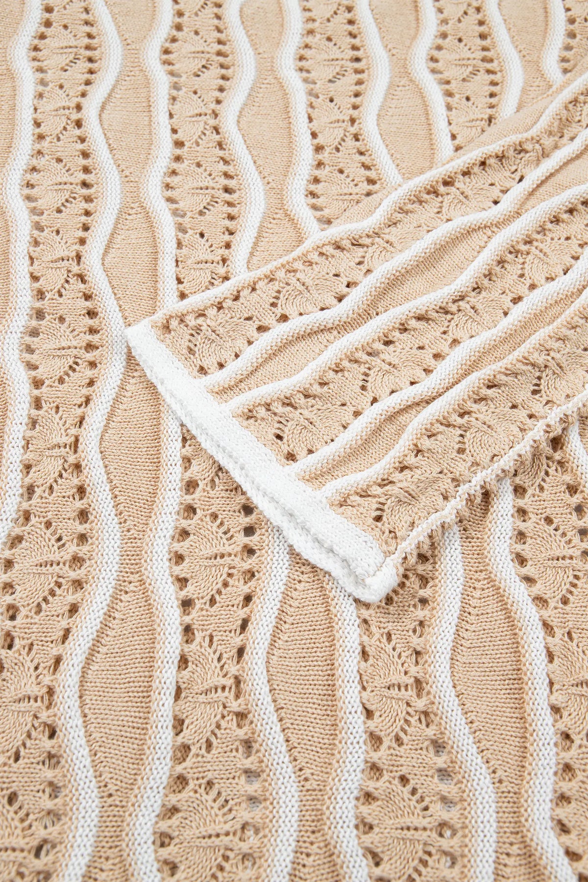 Wavy Detail Hollow Out Knit Long Sleeve Cotton Pullover Sweater – Pink
