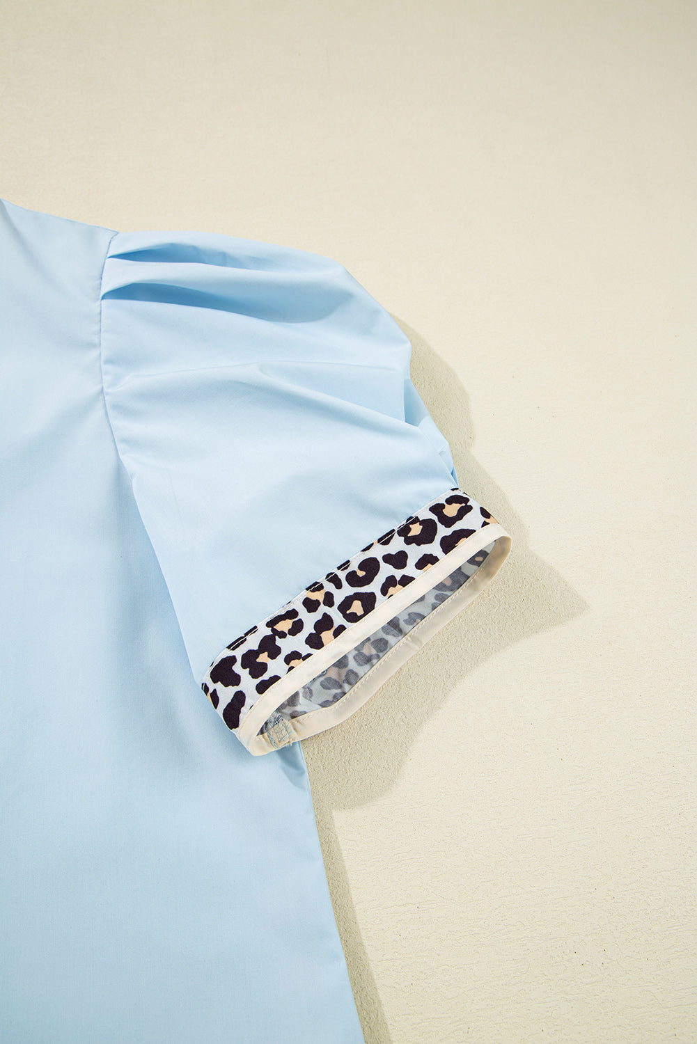 Beau Blue Contrast Leopard Trim Split Neck Puff Sleeve Blouse eAura