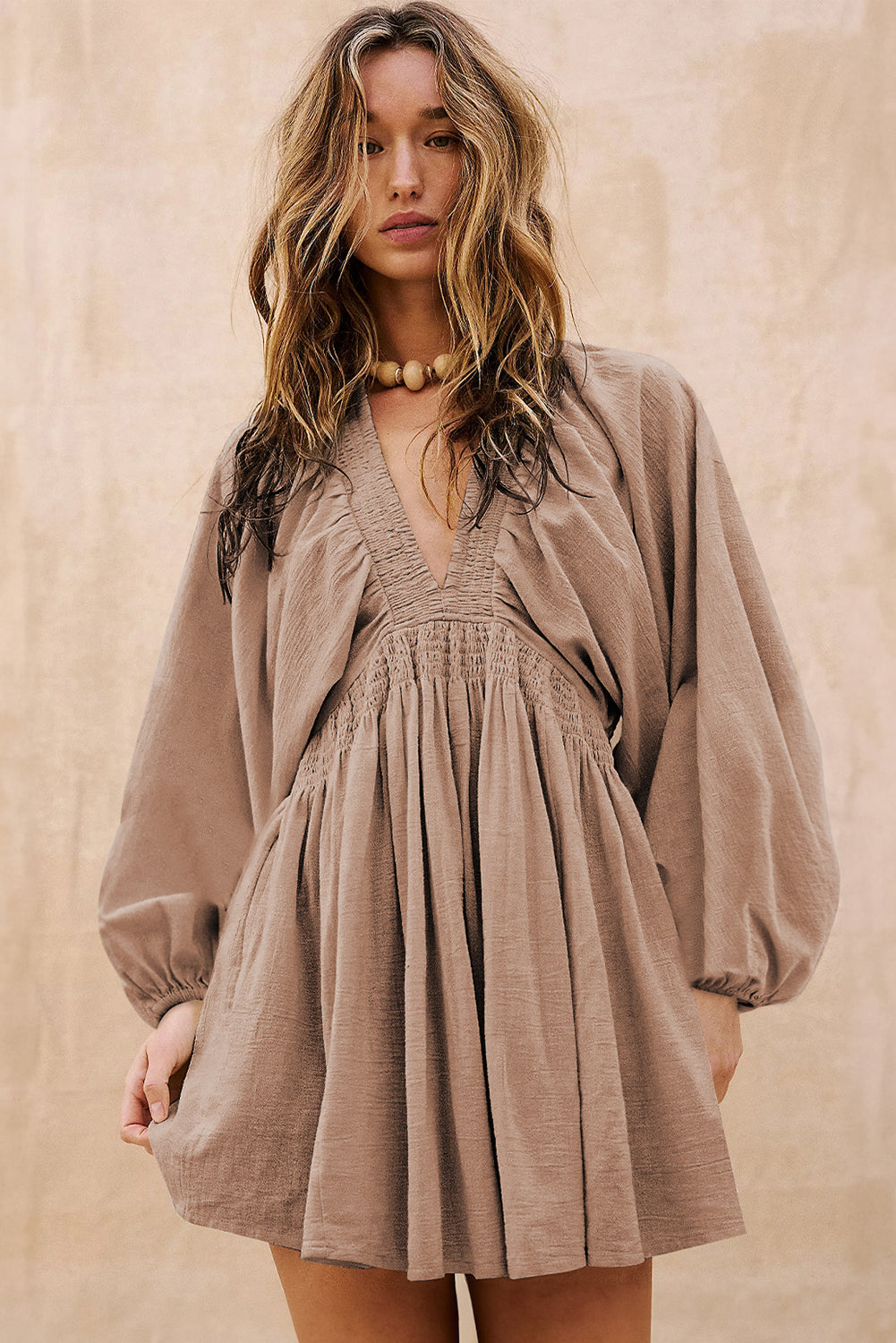 Deep V-Neck Bubble Sleeve Smocked Mini Dress - eAura
