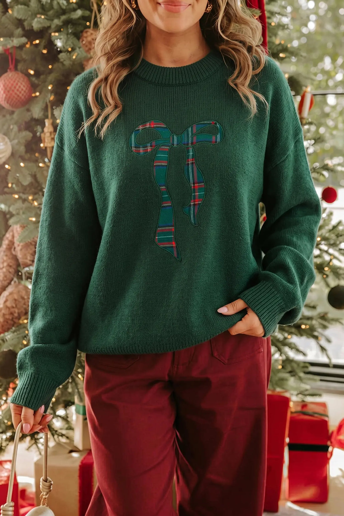Plaid Bow Detail Drop Shoulder Christmas Sweater